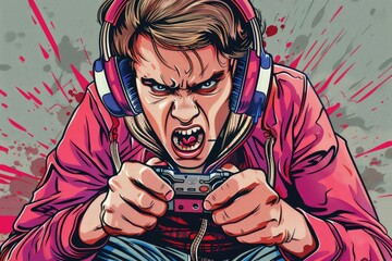 Poster - A man immersed in playing a video game with headphones on. Ideal for gaming or technology concepts