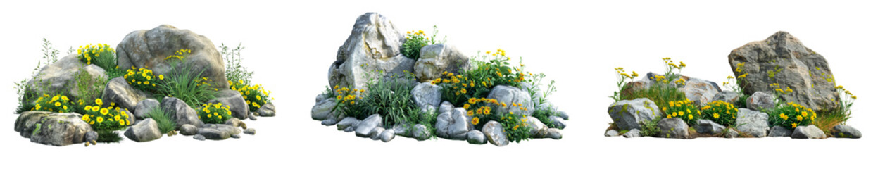 Small garden with large rocks and yellow flowers collection isolated on transparent or white background