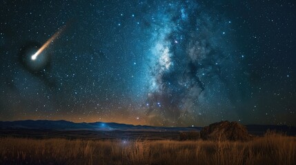 Wall Mural - in the star speckled night sky a comet an asteroid and a meteorite streak toward planet earth their 