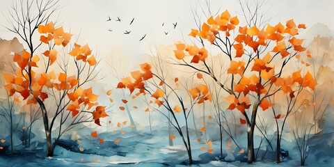 Poster - Watercolor abstract background autumn collection with maple and seasonal leaves