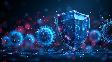 3D rendering of a cyber security concept with a shield and virus