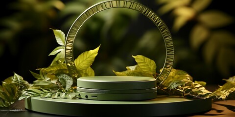 Poster - Geometry form square molding on podium stage with shadow of leaf background