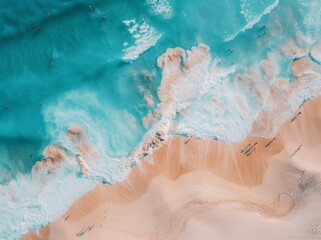 Wall Mural - Aerial view of the beach with waves and people, top down view of the sandy shore with transparent water