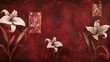 Rich velvet red wall background with vintage card elements and abstract lilies.