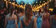 © BrightWhite - Enchanting evening at outdoor prom celebration, multiple teenagers in formal attire under twinkling lights, festive mood, social gathering, summer night.
