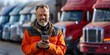 © BrightWhite - Joyful truck driver in vibrant orange jacket using smartphone, rows of colorful trucks blurred in background.