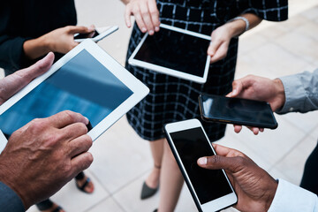 Aufkleber - Business people, hands or mobile in group with screen for job, working with technology for meeting. Team, tablet or phone with internet for collaboration on sales strategy, together for teamwork