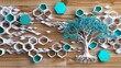 Stylized tree in turquoise on a white lattice over oak, surrounded by dynamic hexagons in shades of blue and brown.
