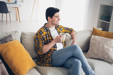 Poster - Photo of thoughtful good mood man wear checkered shirt enjoying coffee sitting couch staying home indoors house apartment room