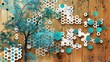 White lattice design on oak wood, interspersed with a tree motif and vibrant hexagons in turquoise and blue.