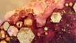 Abstract and elegant wall art with tidewater stains and gold powder, set against a backdrop of textured maroon and peach diamonds and hexagons.