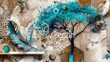Engaging oak mural with white lattice, a turquoise tree, feathers, and playful hexagons in blue and brown.