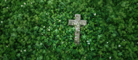 Cross in green clover and daisies meadow.