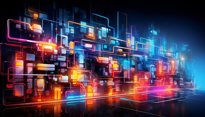 Wall Mural - an abstract image of a circuit board with bright orange, blue, and purple lights.