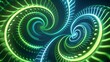 Futuristic 3D spirals in fluorescent green and electric blue, showcasing a neon visual extravaganza.