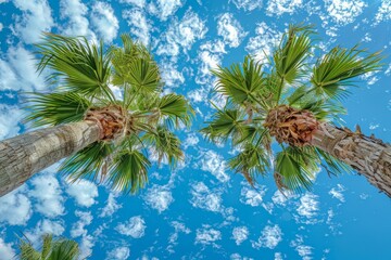 Wall Mural - two palm trees reaching for the sky, blue sky with white clouds. tropical vibe, summer mood, vibrant colors