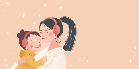 Wall Mural - A woman is holding a child in her arms. The child is wearing headphones. Concept of warmth and affection between the mother and child