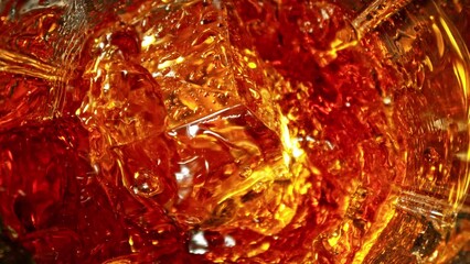 Poster - Super Slow Motion of Falling Ice Cube into Cola Drink. Filmed on High Speed Cinema Camera, 1000 fps, Camera Tracking the Target. Speed Ramp Effect.