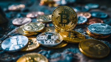 Poster - Bitcoin coins on a stone background. Cryptocurrency concept. Digital currency.