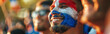Paraguayan football soccer fans in a stadium supporting the national team, Face painted in flag colors, Los Guaranies
