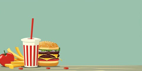 Wall Mural - A cartoonish drawing of a hamburger, fries, and a drink on a table. Scene is lighthearted and fun, as it is a cartoonish representation of a fast food meal