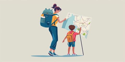 Wall Mural - A woman and a child are looking at a map