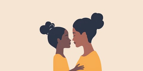 Wall Mural - A mother and daughter are hugging each other. The mother is wearing a yellow shirt. Scene is warm and loving