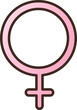 A pink symbol of a woman with a cross on it. The cross is in the middle of the circle