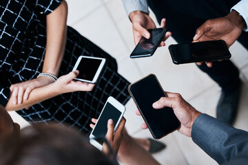 Aufkleber - Circle, business and people with hands, phone and connection, teamwork and discussion, screen and meeting for planning. Group, corporate and staff, digital and internet, collaboration and outdoor
