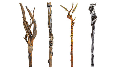 Wizards' staffs depicted in four different, isolated on transparent background