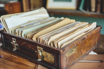 Poster - A sleek briefcase brimming with various papers, folders, and documents, neatly arranged on top of a wooden table, A file organizer filled with important paperwork