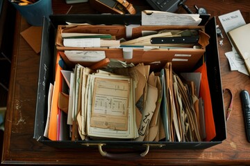 Poster - A suitcase overflowing with various papers and documents, creating an organized chaos, A file organizer filled with important paperwork