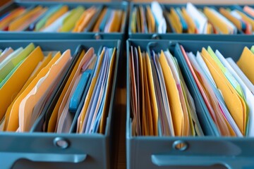 Poster - A drawer brimming with files and folders neatly arranged atop a table, A file organizer filled with important paperwork