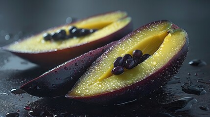 Sticker -   Fruits resting atop water-puddled black countertop