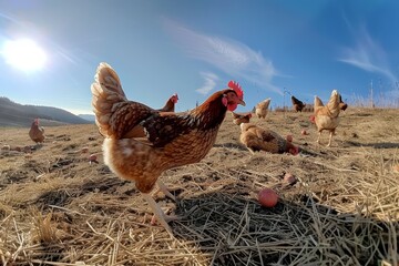 Wall Mural - A flock of chickens standing on dry grass field, pecking at the ground for food, A flock of chickens pecking at the ground for food