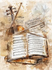 Aufkleber - A detailed painting of a violin surrounded by elegant music notes, creating a beautiful harmony between the instrument and the melody. Generative AI