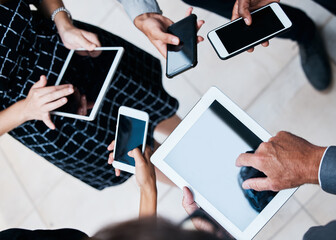 Aufkleber - Business people, hands or tablet in group with screen for job, working with technology for meeting. Team, ebook or mobile with internet for collaboration on sales strategy, together for teamwork
