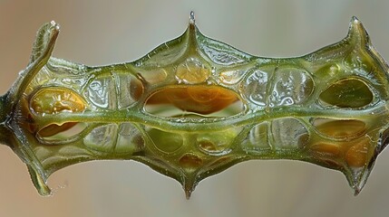 Sticker -   Close-up of green leaf with water droplets and light brown background