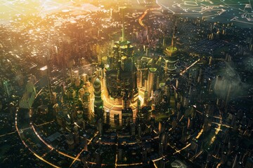 Wall Mural - An aerial view of a brightly lit city at night, with tall buildings and roads visible, A force field-encased city protected from external threats