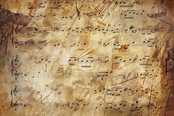 Leinwandbilder - A weathered sheet of music with delicate musical notes from a bygone era, evoking a sense of nostalgia and the beauty of classical compositions. Generative AI