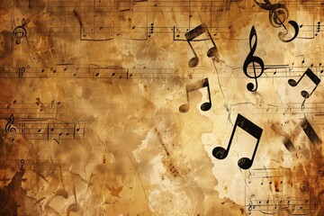 Poster - A grungy background filled with scattered musical notes and sheets, creating a unique and artistic representation of music in its raw essence. Generative AI