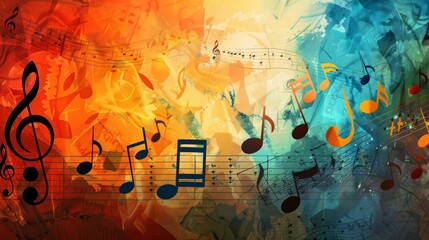 Poster - A lively background filled with colorful musical notes dancing across the page, creating a vibrant and enchanting display of rhythm and harmony. Generative AI