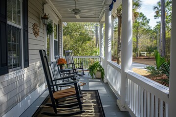 Two rocking chairs placed on a front porch with a wooden floor and a welcome mat, A front porch with rocking chairs and a welcome mat that says Home Sweet Home
