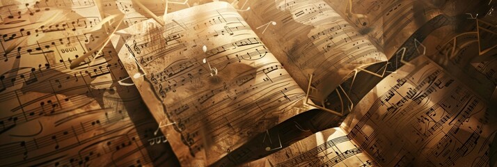 Poster - A group of colorful sheet music sheets with intricate music notes arranged on them, creating a beautiful and harmonious composition. Generative AI