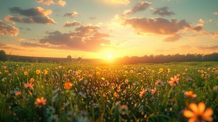 Wall Mural - Dramatic sunset paints the sky with orange and red hues as the sun dips below the horizon over a field of wildflowers