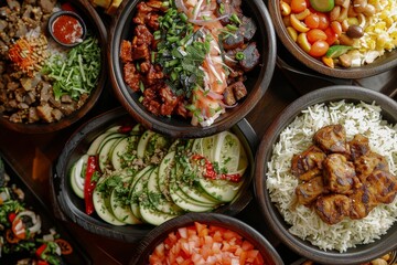 Wall Mural - Table with bowls filled with assorted foods from different cuisines, A fusion of flavors from around the world