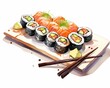 This image shows a variety of sushi rolls on a wooden board with chopsticks on the side. The background is white, and the sushi is arranged in a visually appealing way.