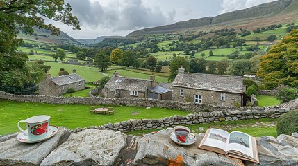 Poster -   A book, cup, and saucer sit atop a rock wall, offering a farm view in the background