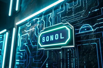 Wall Mural - A wall featuring a neon sign that reads Sonol in bold, glowing letters, adding a modern touch to the environment, A futuristic and technologically advanced school zone sign with holographic elements