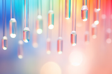 Poster - Pink holographic bubbles floating on the soft colorful abstract background in beautiful vivid tones.